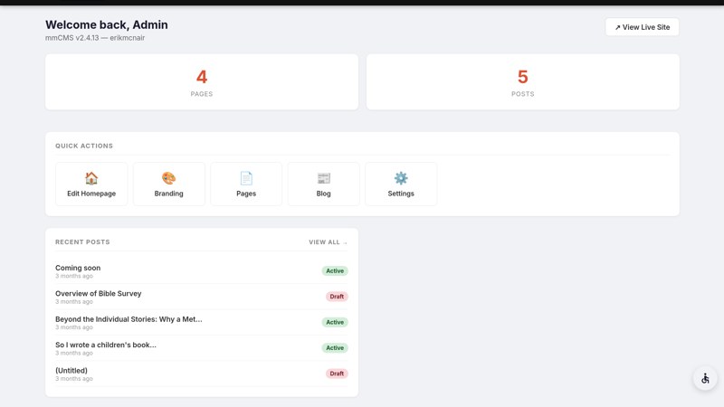 The mmCMS admin dashboard